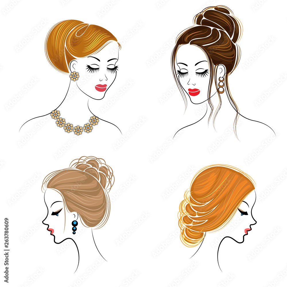 Collection. Silhouette of the head of a cute lady. The girl shows her hairstyle on long and medium hair. Suitable for logo, advertising. Set of vector illustrations Collection. Silhouette of the head of a cute lady. The girl shows her hairstyle on long and medium hair. Suitable for logo, advertising. Set of vector illustrations