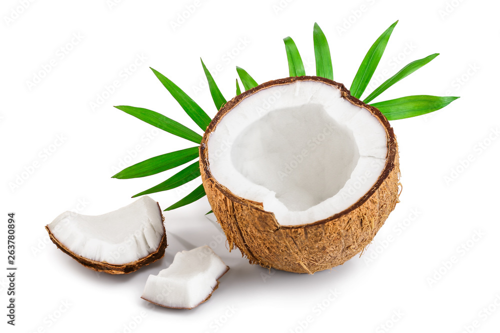 half of coconut with leaves isolated on white background half of coconut with leaves isolated on white background