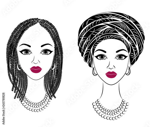 Collection.Profile the head of the sweet lady. African-American girl with a beautiful hairdo. The lady wears a turban, a national headdress. Set of vector illustrations