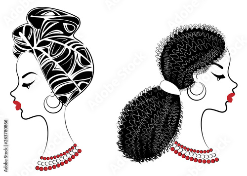 Collection.Profile the head of the sweet lady. African-American girl with a beautiful hairdo. The lady wears a turban, a national headdress. Set of vector illustrations