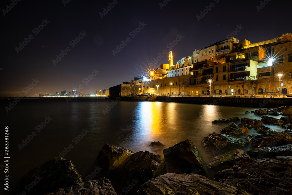 Beautiful view of a Port of Jaffa during night time. Taken in Tel Aviv-Yafo, Israel.