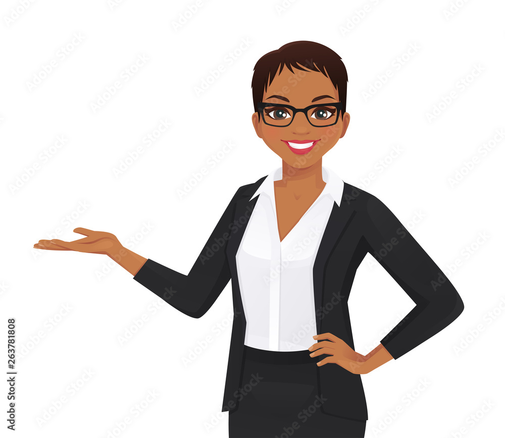 Elegant business woman in black dress showing isolated vector illustration