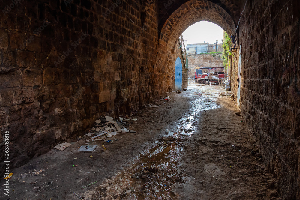 Dirty and Narrow Streets in the Old City of Akko. Taken in Acre, Israel.