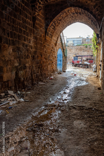 Dirty and Narrow Streets in the Old City of Akko. Taken in Acre  Israel.