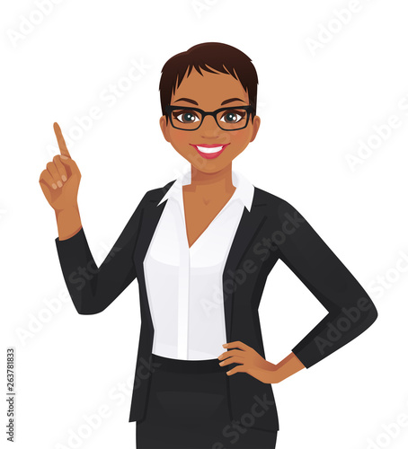 Smiling woman pointing up isolated vector illustration