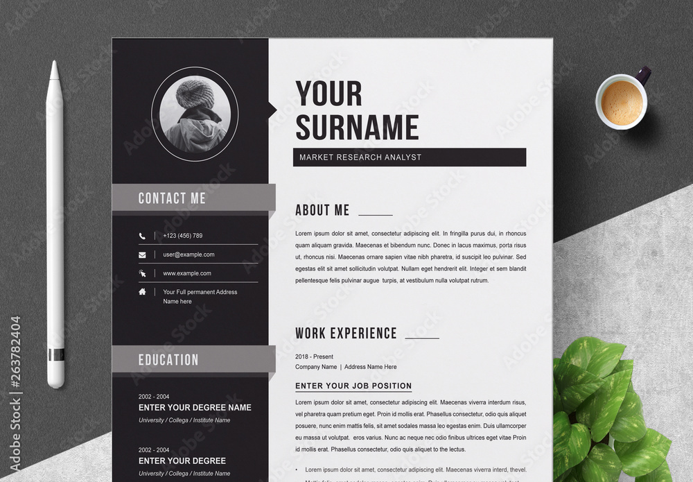 Resume and Cover Letter Layout with Black Sidebar Stock Template
