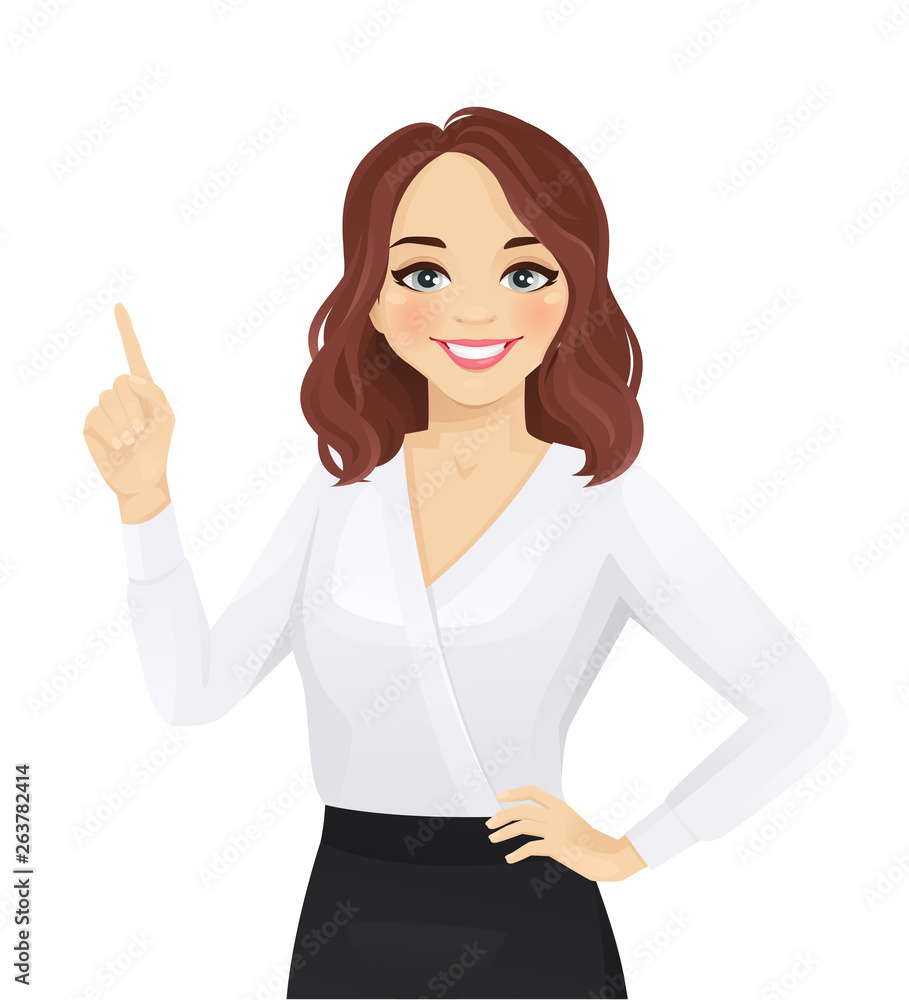 Smiling woman pointing up isolated vector illustration Smiling woman pointing up isolated vector illustration