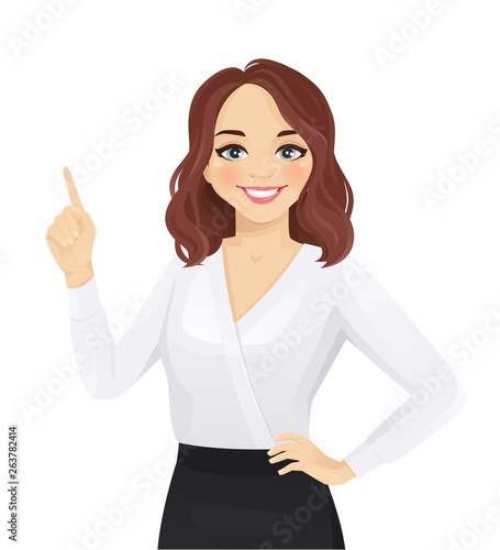Smiling woman pointing up isolated vector illustration