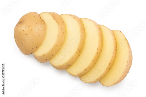 Young slice potato isolated on white background. Harvest new. Top view. Flat lay