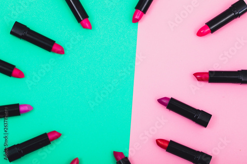 Beauty lipstick table. Lipstick. Background. Woman tools. 