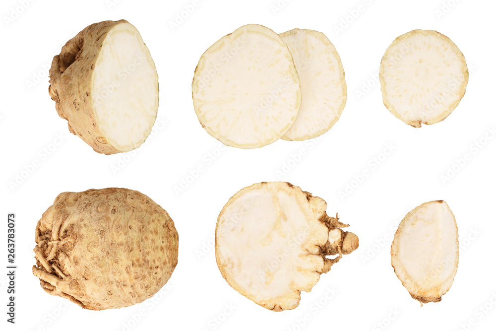 Fresh celery root isolated on white background. Top view. Flat lay. Set or collection Fresh celery root isolated on white background. Top view. Flat lay. Set or collection