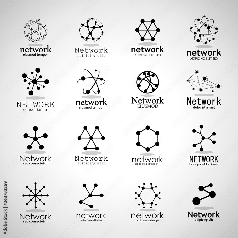 Network Technology Logo Set. Vector Illustration Of Network Icon Isolated On Gray Background. Collection For Marketing Logo Template, Social Icon, Sign, Symbol And Apps Design. Business Concept