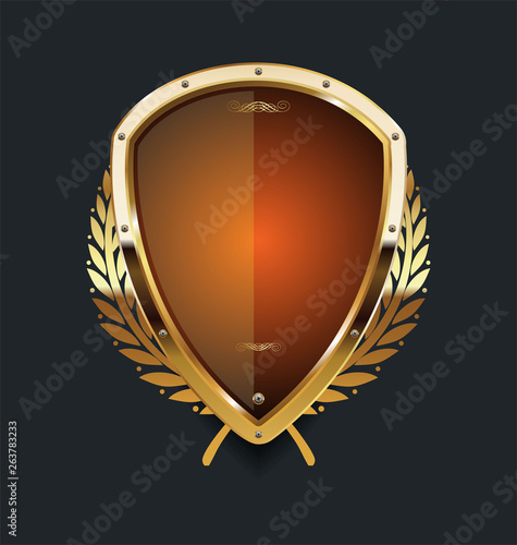 Golden shield and laurel wreath retro design 