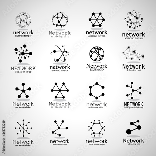 Network Technology Logo Set. Vector Illustration Of Network Icon Isolated On Gray Background. Collection For Marketing Logo Template, Social Icon, Sign, Symbol And Apps Design. Business Concept