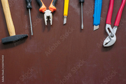 Various repair tools. Equipment for building. White background top view copy space