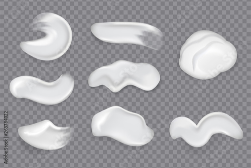 Realistic cosmetic cream smears.
Realistic creams drop splashes skincare fresh moisturizing product lotion smear skin gel isolated vector set