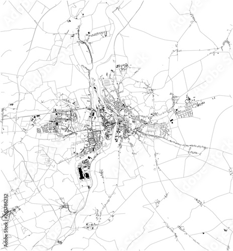 Satellite map of Poznań, it is a city on the Warta River in west-central Poland. Map of streets and buildings of the town center. Europe