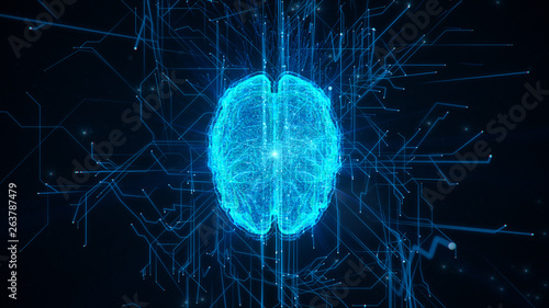 Photos Digital brain illustration with futuristic background; concept of artificial intelligence singularity, machine learning, ai, deep learning blockchain neural network concept