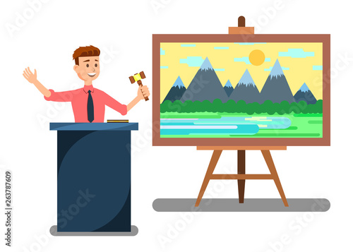 Auctioneer with Gavel Selling Painting Lot Banner.