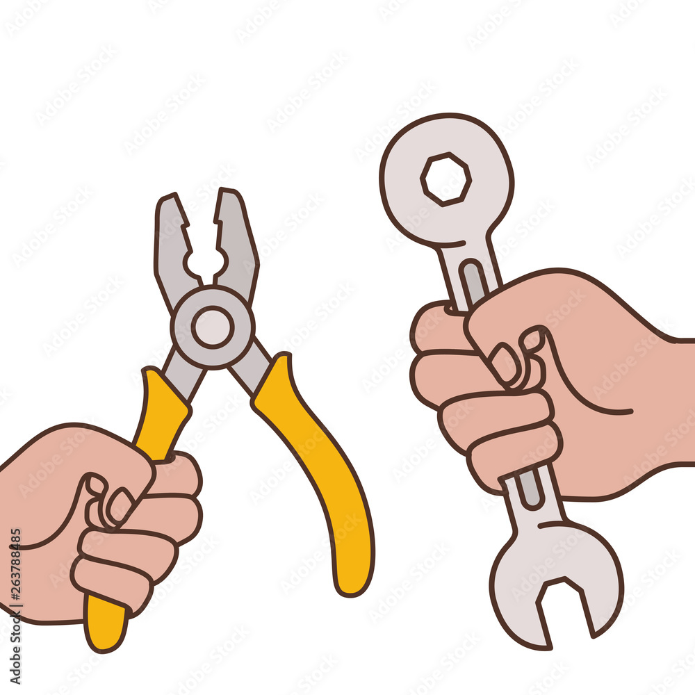 hands with plier and wrench isolated icon