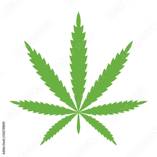 Cannabis leaf green color. Vector Marijuana icon. Symbol of hemp. Illustration isolated on white background.