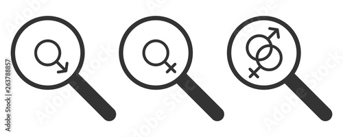 Vector gender search icon man or woman. Set gender search sign for web or mobile. Isolated black pictogram.