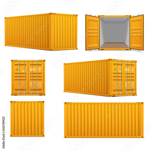Realistic set of bright yellow  cargo containers.   Front, side back and perspective view. 