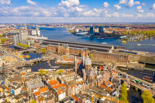 Panoramic aerial view of Amsterdam canals in a beautiful summer day, The Netherlands