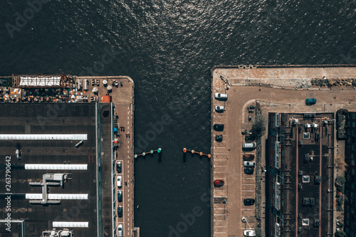 Photography Beautiful aerial Amsterdam view from above with many narrow canals, streets and architectures