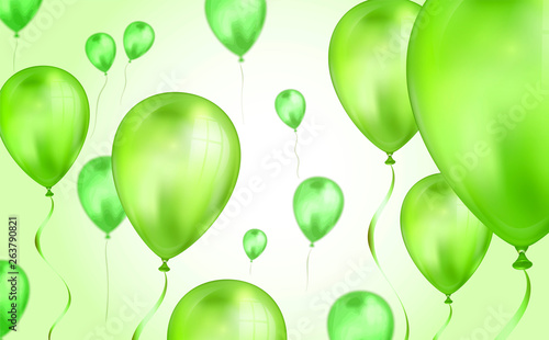 Glossy olive green Flying helium Balloons backdrop with blur effect. Wedding, Birthday and Anniversary Background. Vector illustration for invitation card, party brochure, banner