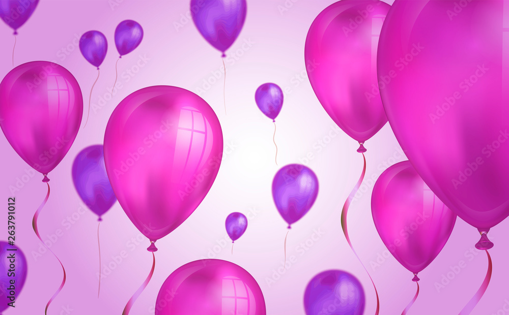 Glossy pink color Flying helium Balloons backdrop with blur effect. Wedding, Birthday and Anniversary Background. Vector illustration for invitation card, party brochure, banner Glossy pink color Flying helium Balloons backdrop with blur effect. Wedding, Birthday and Anniversary Background. Vector illustration for invitation card, party brochure, banner
