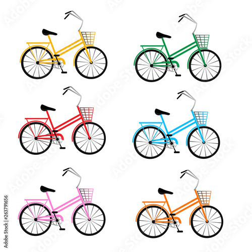 Set of multi-colored bicycles. Six different colors of bike - yellow, green, blue, red, pink and orange on a white background. Vector clipart, flat style illustration.