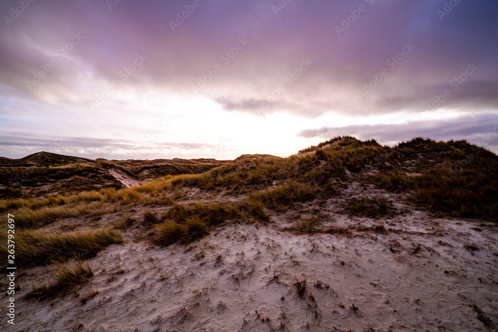 Coastal dunes in an atmospheric sunset landscape