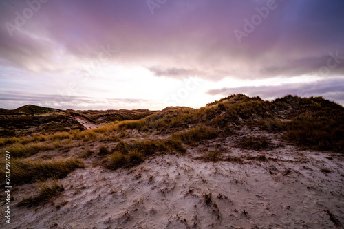 Coastal dunes in an atmospheric sunset landscape