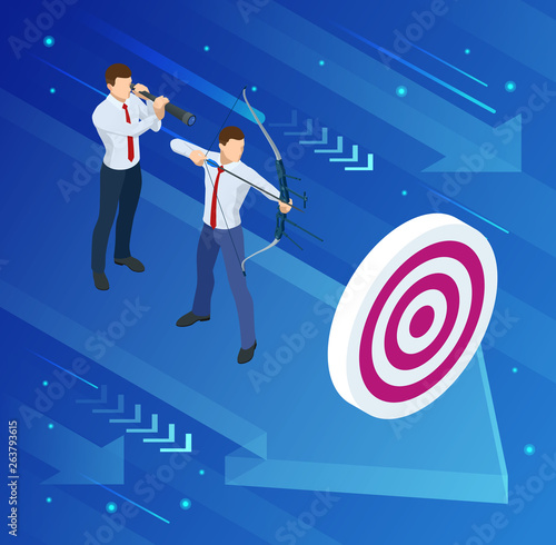 Isometric Businessman shooting a bow and arrow. Success. Arrow hit the center of the target. Business target achievement concept.