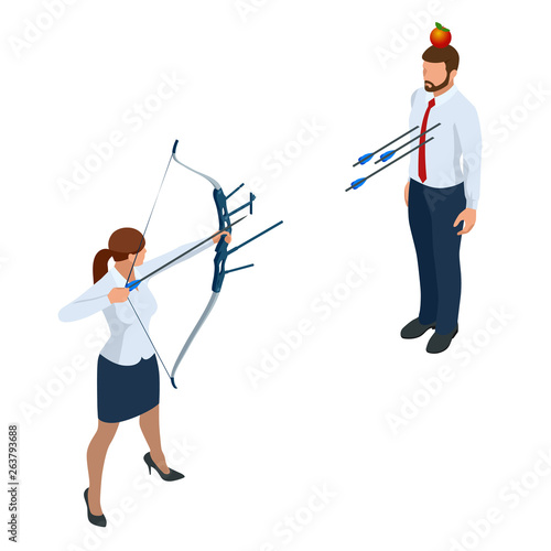 Isometric Businessman shooting a bow and arrow. Success. Arrow hit the center of the target. Business target achievement concept.
