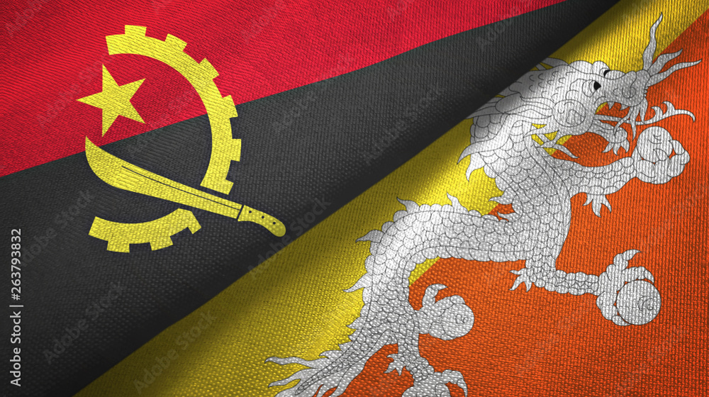 Angola and Bhutan two flags textile cloth, fabric texture Angola and Bhutan two flags textile cloth, fabric texture