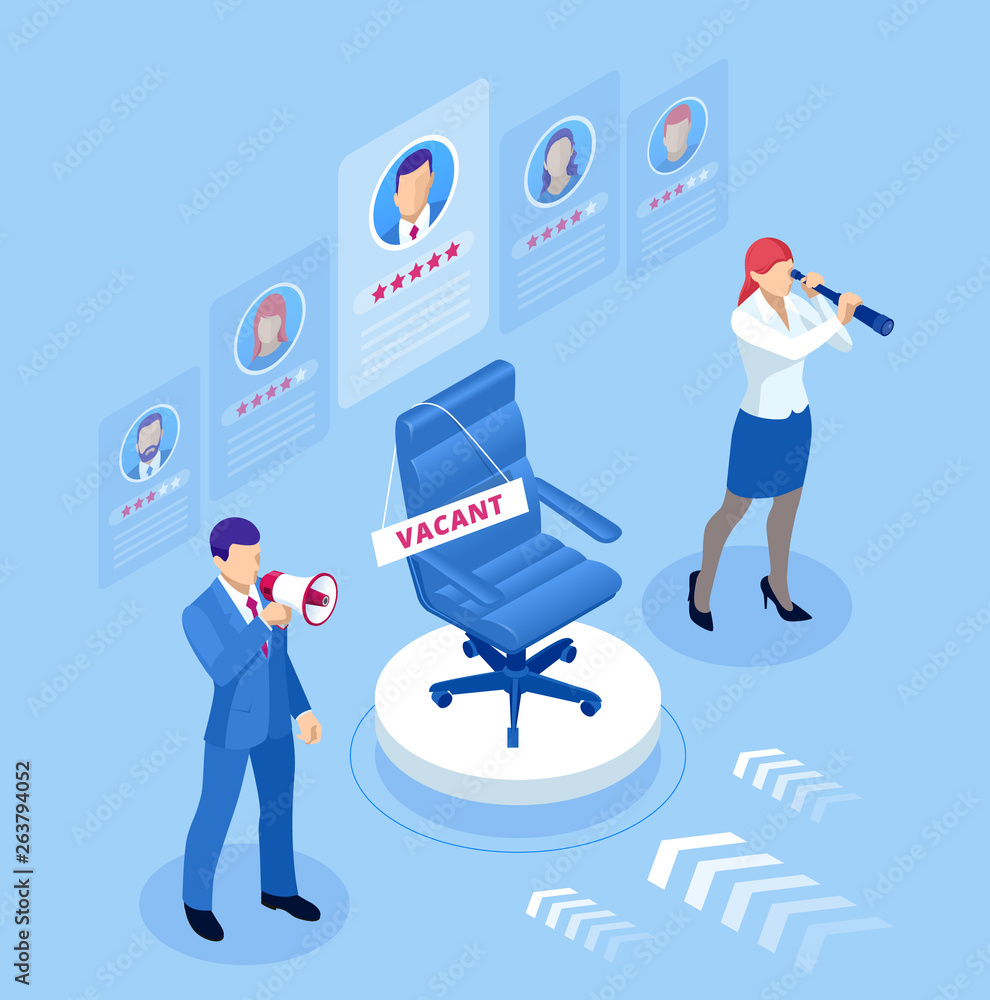 Isometric hiring and recruitment concept for web page, banner, presentation. Isometric Online job search and human resource concept.