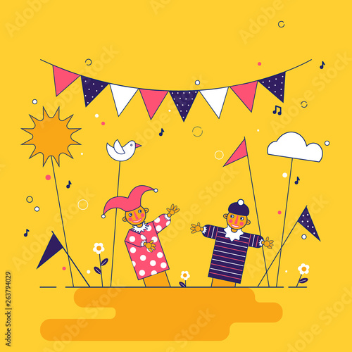 Funny children performance in the puppet theater. Vector illustration photo