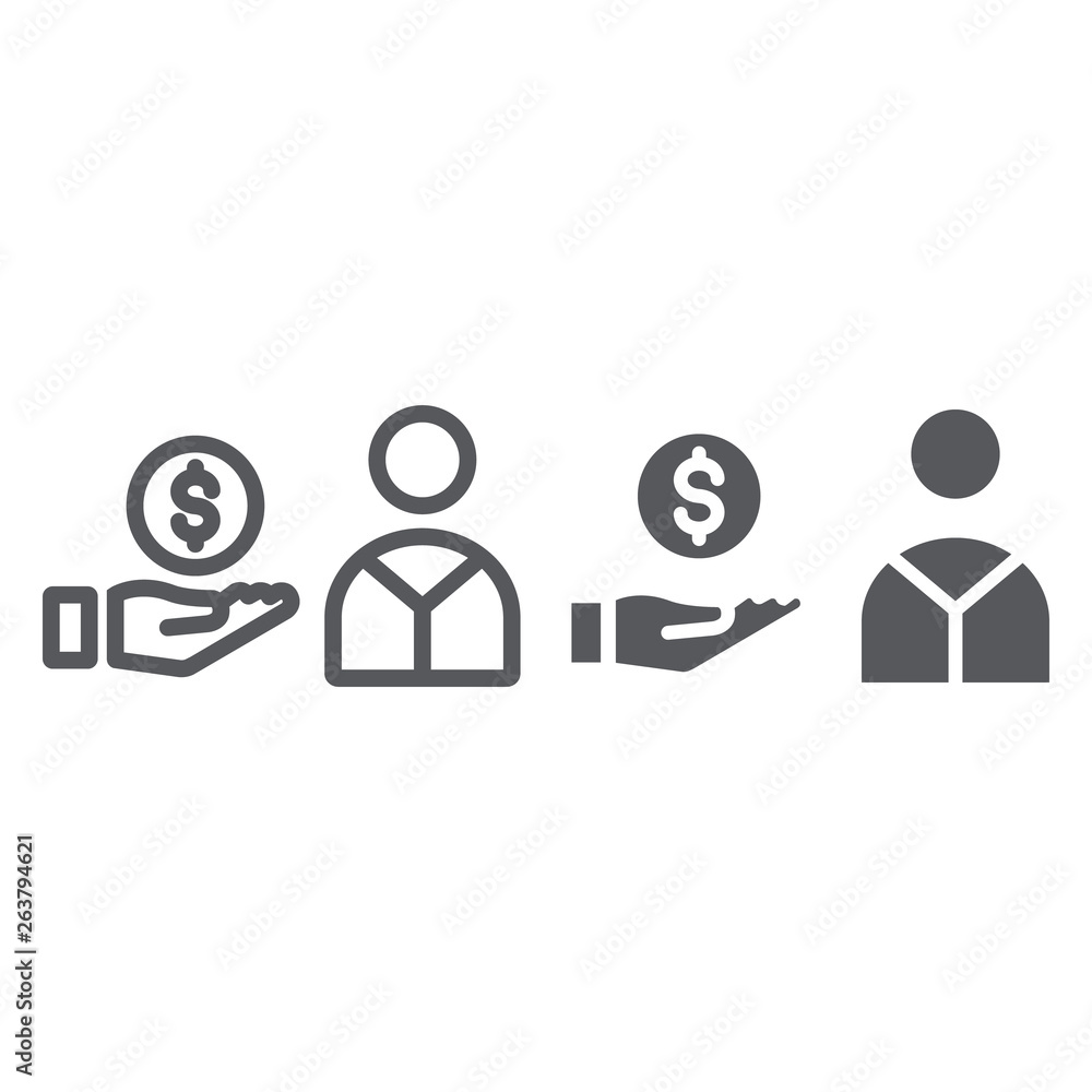 Salary line and glyph icon, finance and payment, hand with coin sign, vector graphics, a linear pattern on a white background. Salary line and glyph icon, finance and payment, hand with coin sign, vector graphics, a linear pattern on a white background.