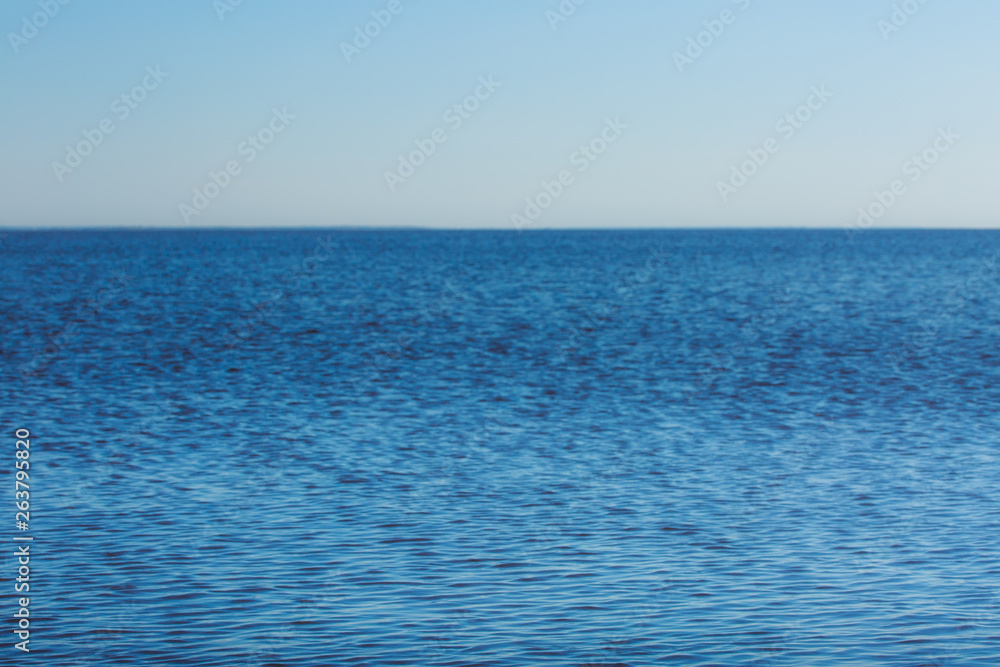 Coast pond. Water surface. Calm. Sunny weather. River bank. Marine background for design with place for an inscription.