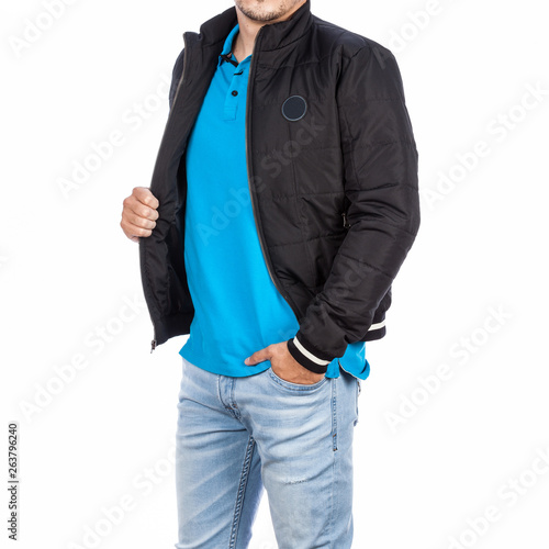 Fashion male man wearing t-shirt, jacket and jean photo on white background