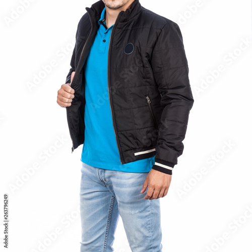 Fashion male man wearing t-shirt, jacket and jean photo on white background