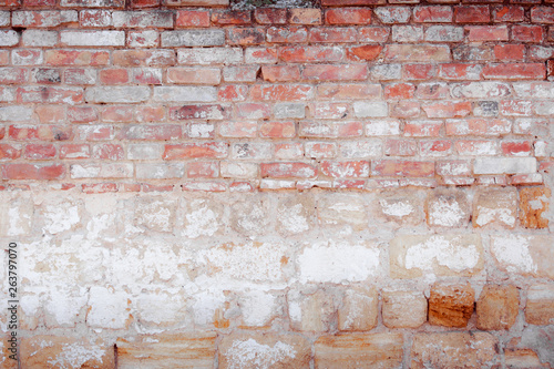 Old grungy brick wall. Free space for an inscription. Can be used as a background or poster. Fragment of a wall with bumps and peeling paint.