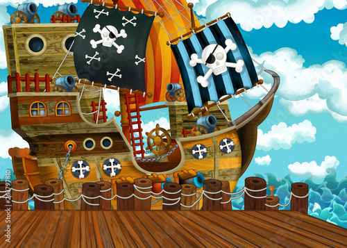 Εκτύπωση καμβά cartoon scene with pirate sailing ship docking - illustration for children