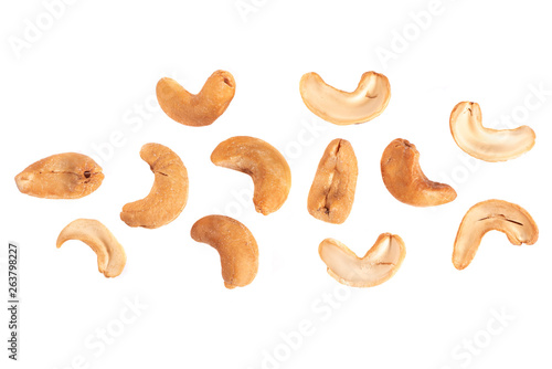 Cashew nuts isolated on white background. top view