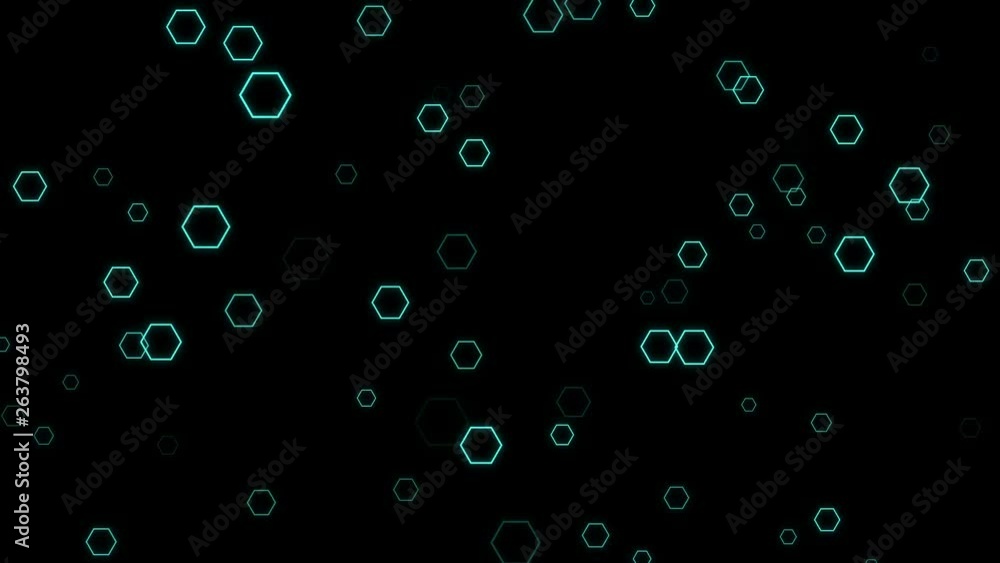 Hexagonal particles flying in space. Neon glowing honeycomb grid. Futuristic motion background. Cyber crime protection concept. Hexagonal particles flying in space. Neon glowing honeycomb grid. Futuristic motion background. Cyber crime protection concept.