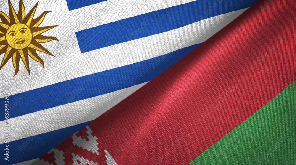 Fototapeta premium Uruguay and Belarus two flags textile cloth, fabric texture