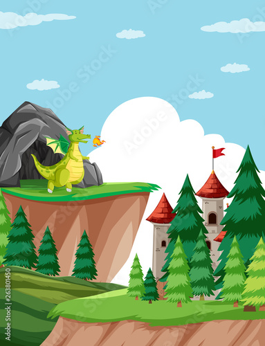 Fire breathing dragon in castle scene