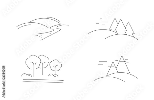 Landscape Thin Line Icon Set - Isolated On White Background. Vector Illustration, Graphic Design. Landscape Icon For Tree Template, Hill Logo, Mountain Symbol, Pictogram Sign And Park Design